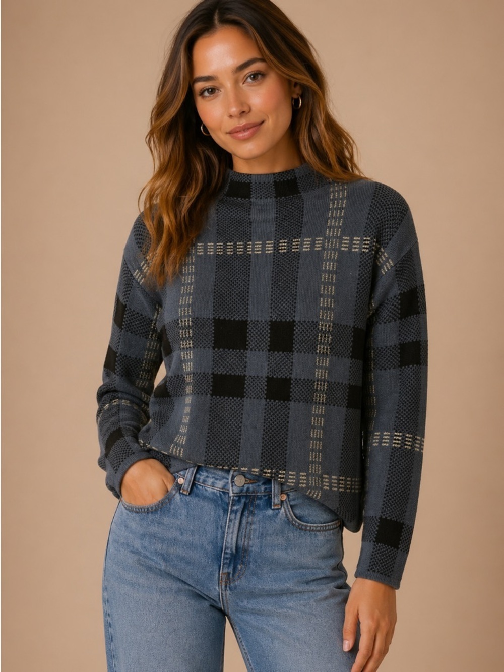 By Design Plaid Sweater L Blue Black Cozy Knit Trendy Fall Winter Layering Piece